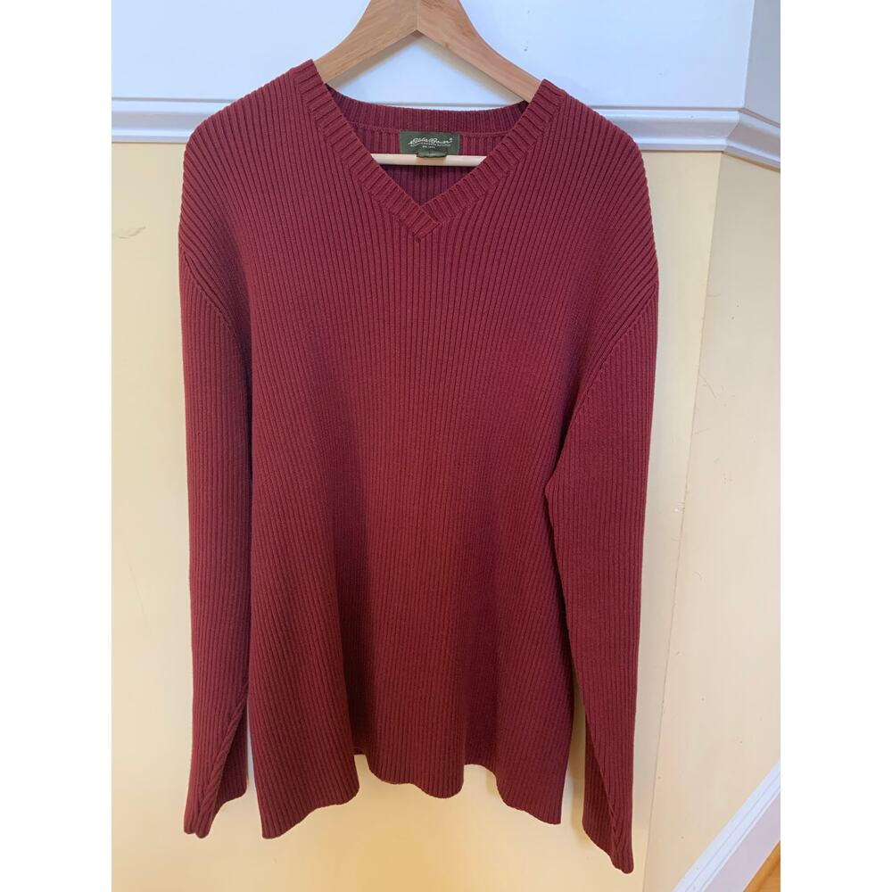 Eddie Bauer Men's Ribbed V Neck 100% Cotton Sweater Maroon Size XXL